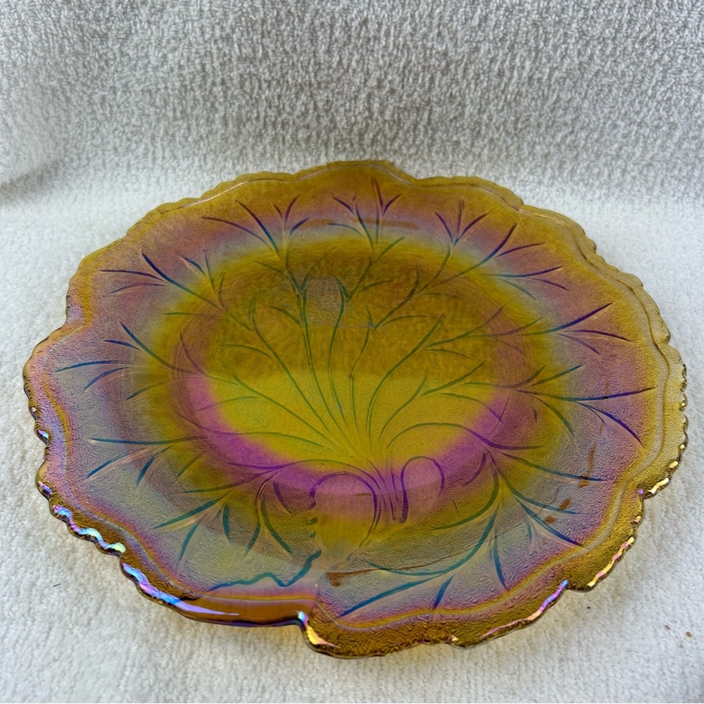 VTG Carnival Indiana Glass Tree Of Life Iridescent 10” Scallop Serving Plate - Picture 9 of 10